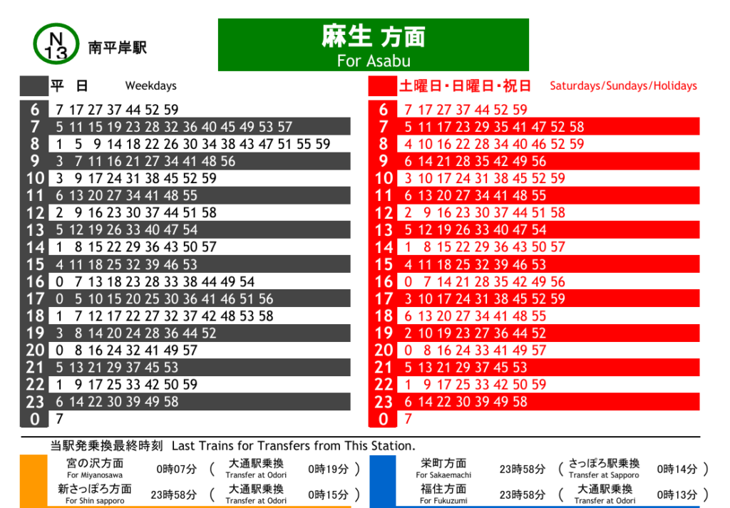 南平岸駅麻生方面時刻表